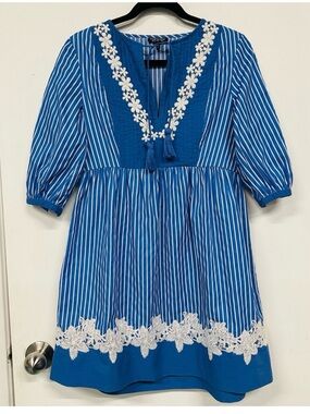 TopShop stripe Folk dress Size 2 blue white stripe lace